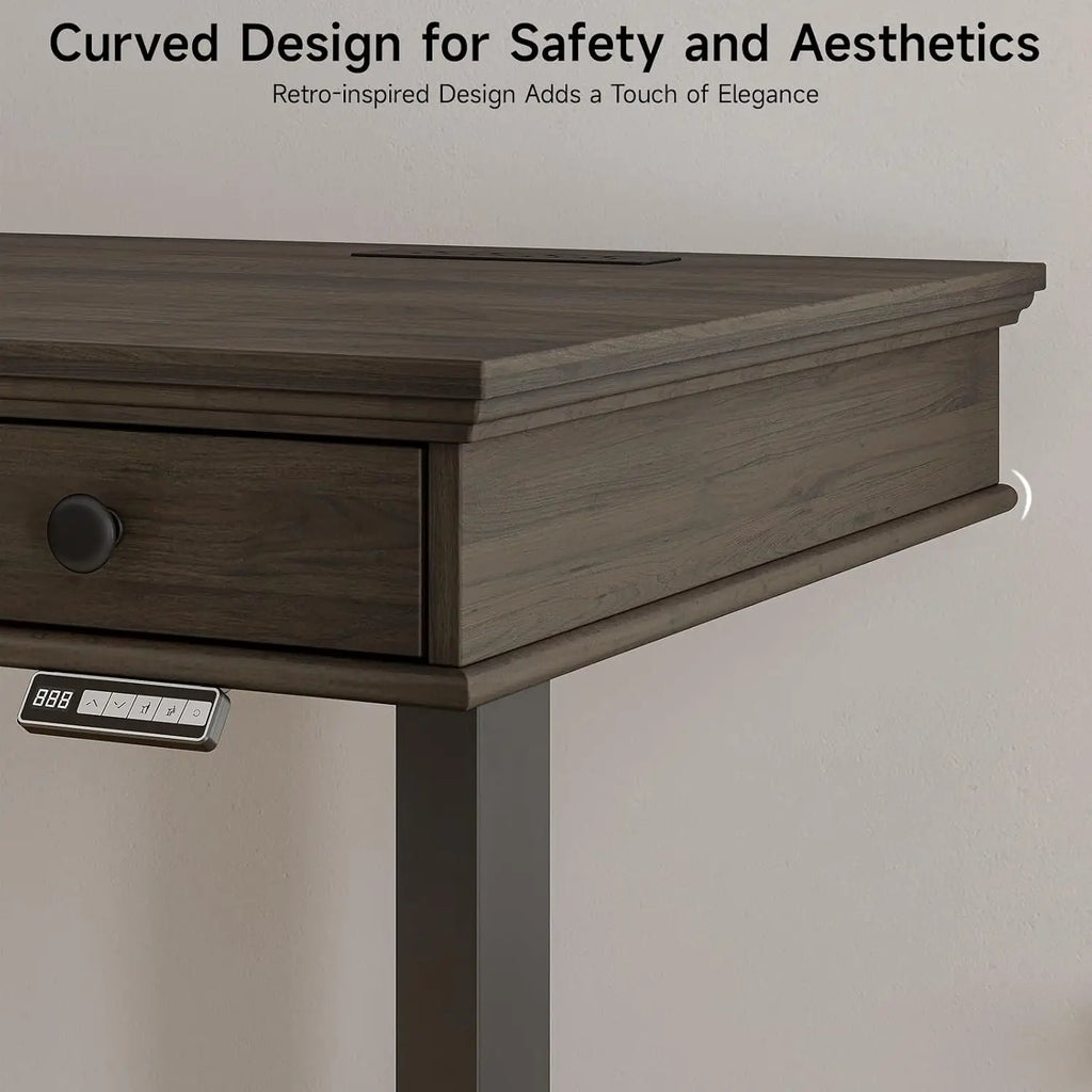 Close-up of the Echobloom desk wood-grain finish, molded edge, round drawer pull and controller
