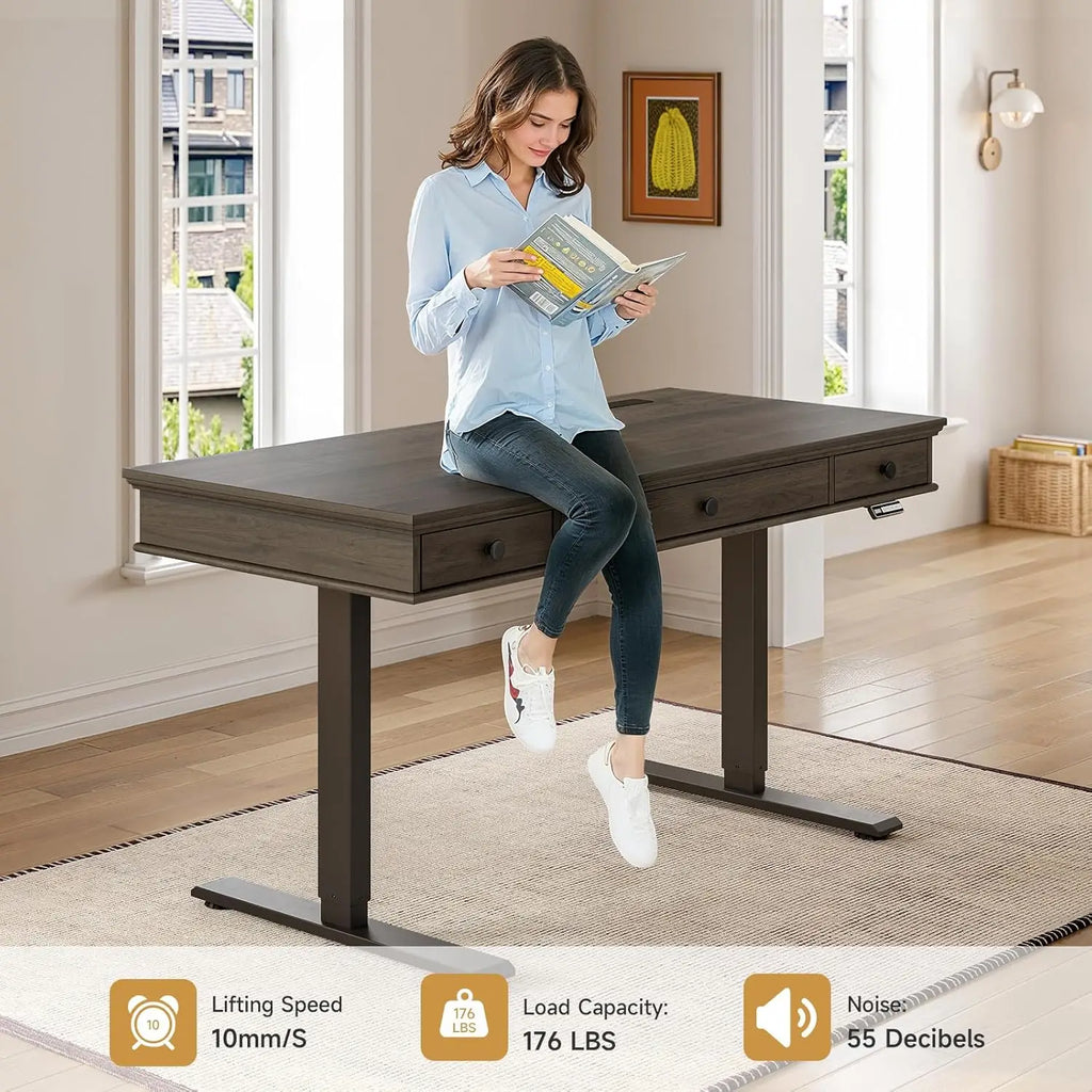 Echobloom desk load-capacity graphic showing a person seated on the desktop and a rating of 176 lbs