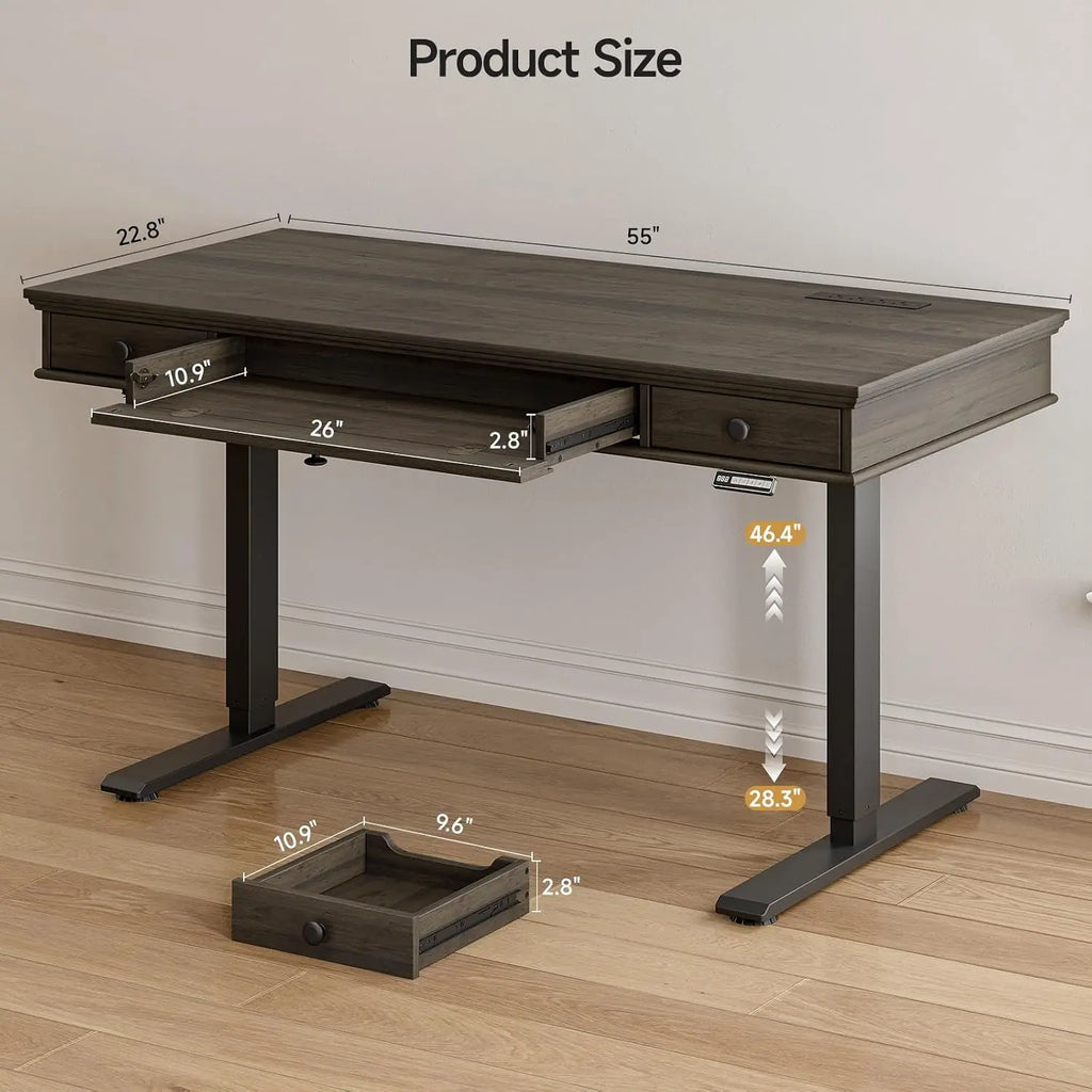 Echobloom desk dimension diagram showing a 55-by-22.8-inch top, adjustable height and drawer measurements