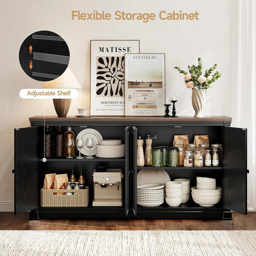 Black Sparkrise with doors open to show adjustable shelves and two cabinet sections