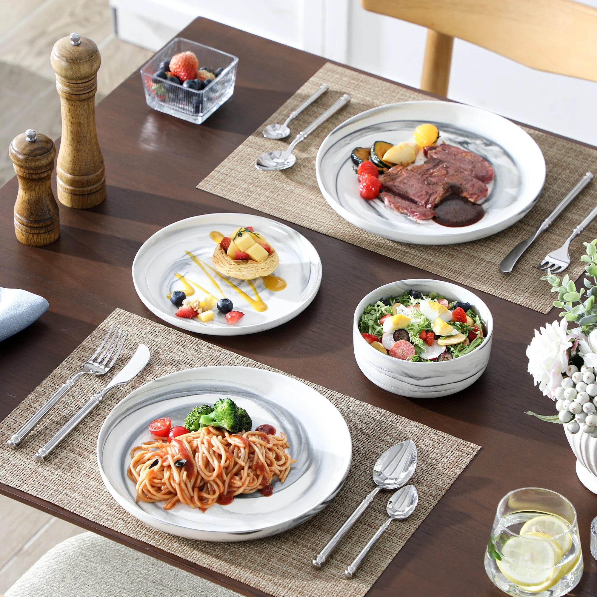 MALACASA LUNA Porcelain Dinnerware Set – 12 Pieces, Marble Design in Grey, Pink, or Blue