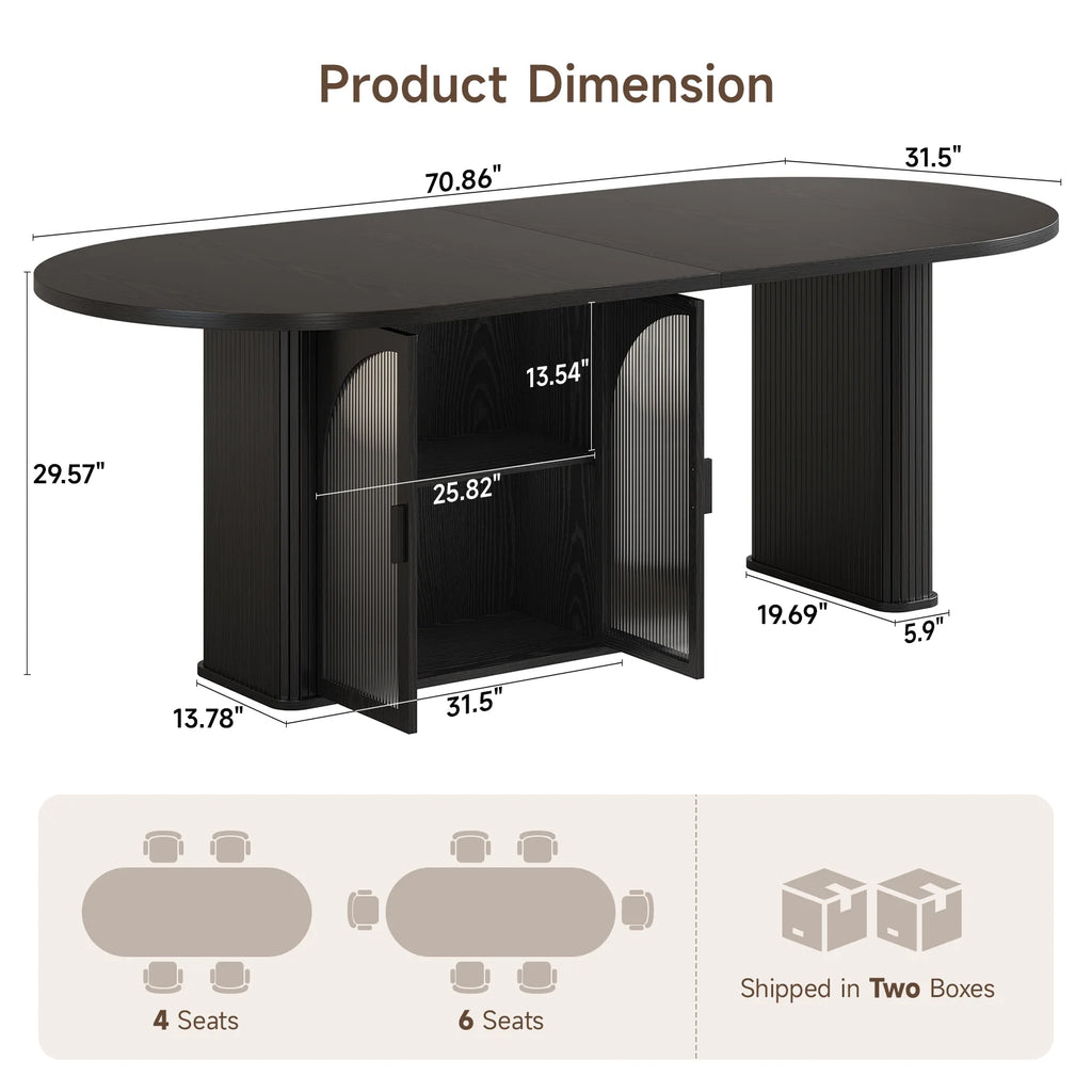 Duskhalo Black dimension card with overall size and separate storage and pedestal measurements.