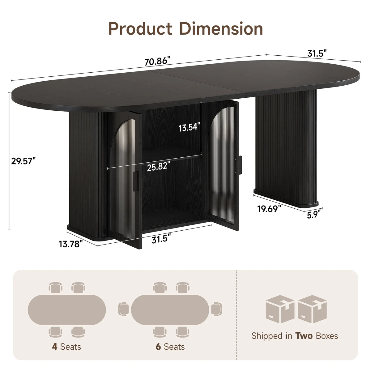 Duskhalo Black dimension card with overall size and separate storage and pedestal measurements.