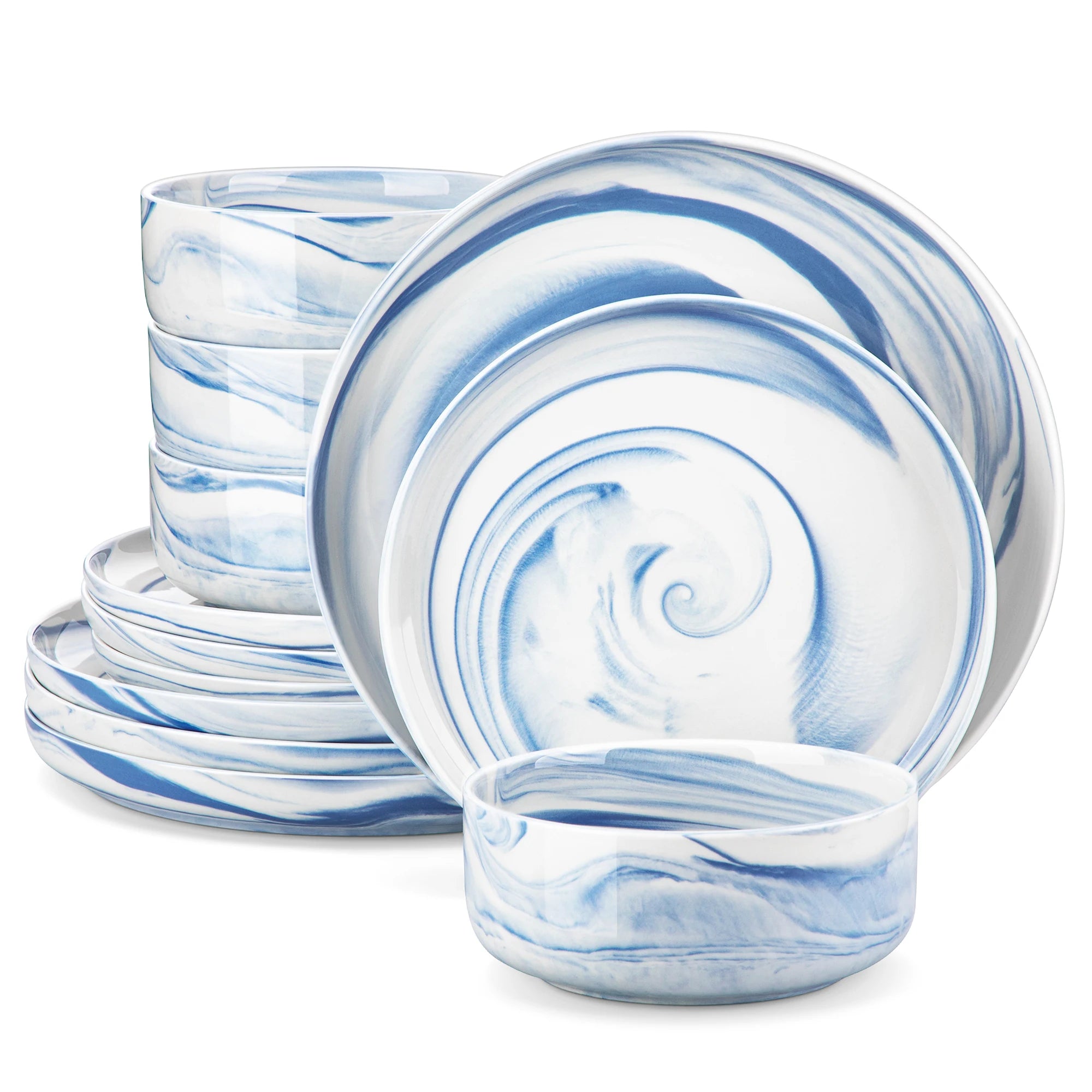 MALACASA LUNA Porcelain Dinnerware Set – 12 Pieces, Marble Design in Grey, Pink, or Blue