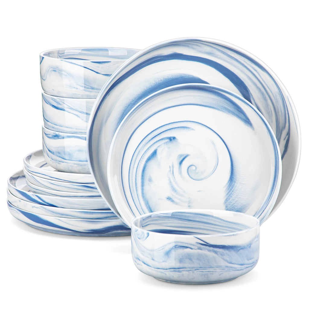MALACASA LUNA Porcelain Dinnerware Set – 12 Pieces, Marble Design in Grey, Pink, or Blue