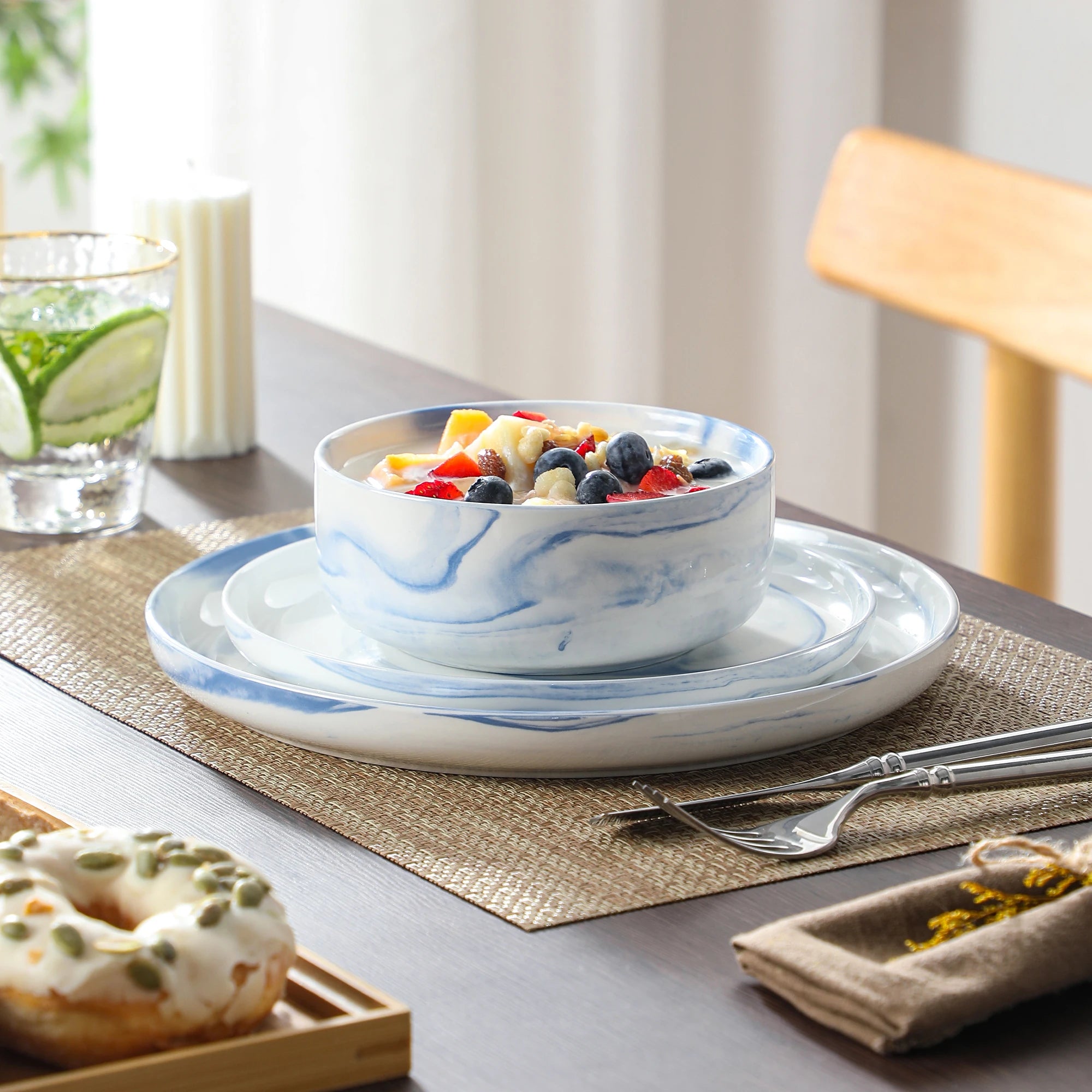 MALACASA LUNA Porcelain Dinnerware Set – 12 Pieces, Marble Design in Grey, Pink, or Blue