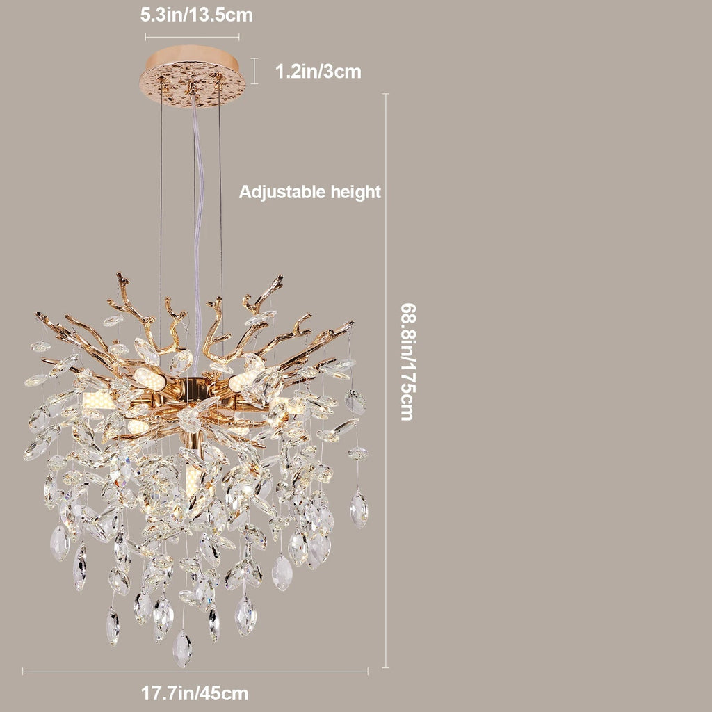 Chandelier with product specifications on a gray background