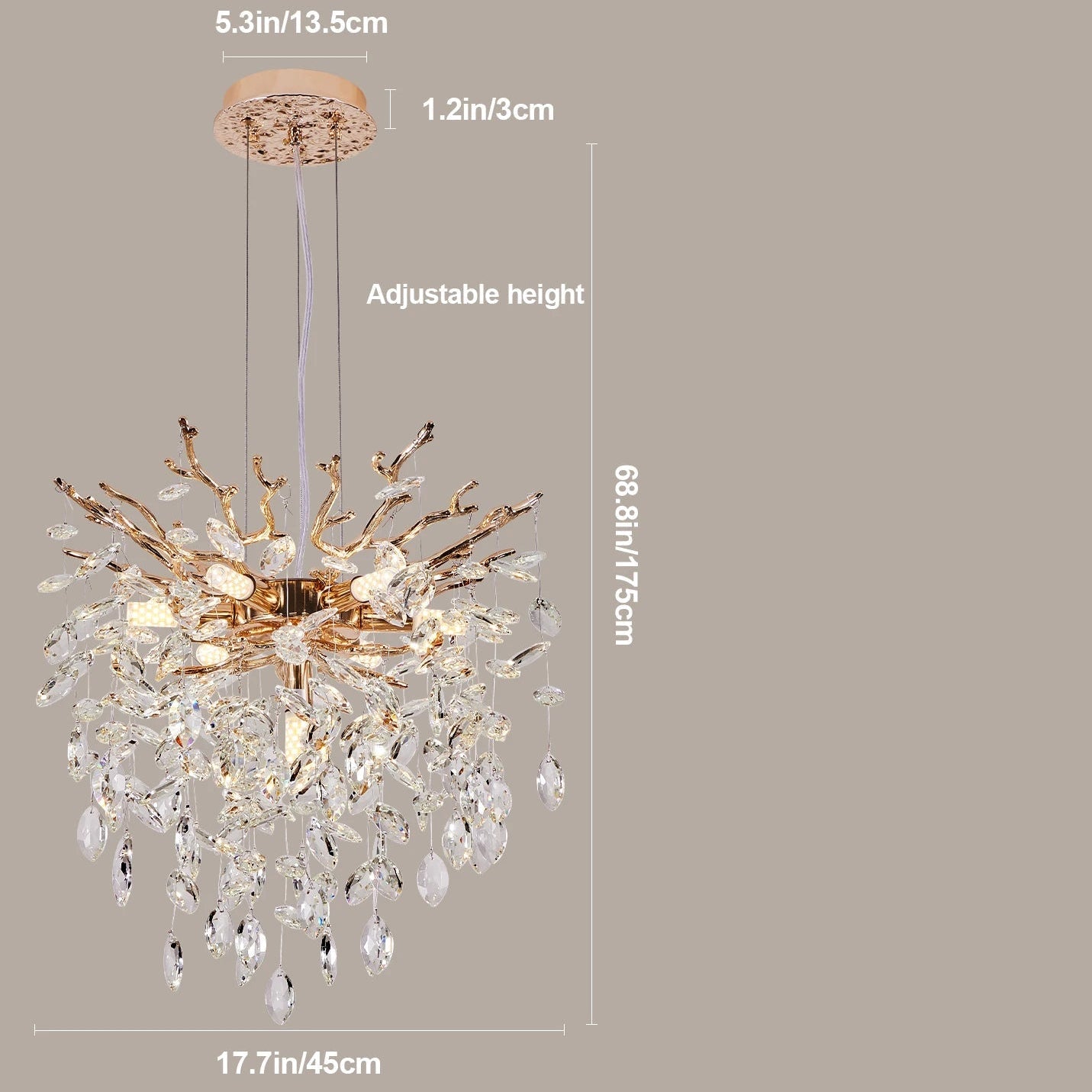 Chandelier with product specifications on a gray background