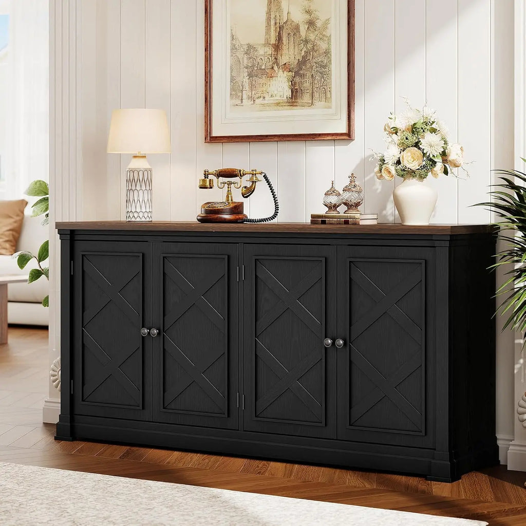 Black Sparkrise sideboard with barn-style hinged doors in a living space