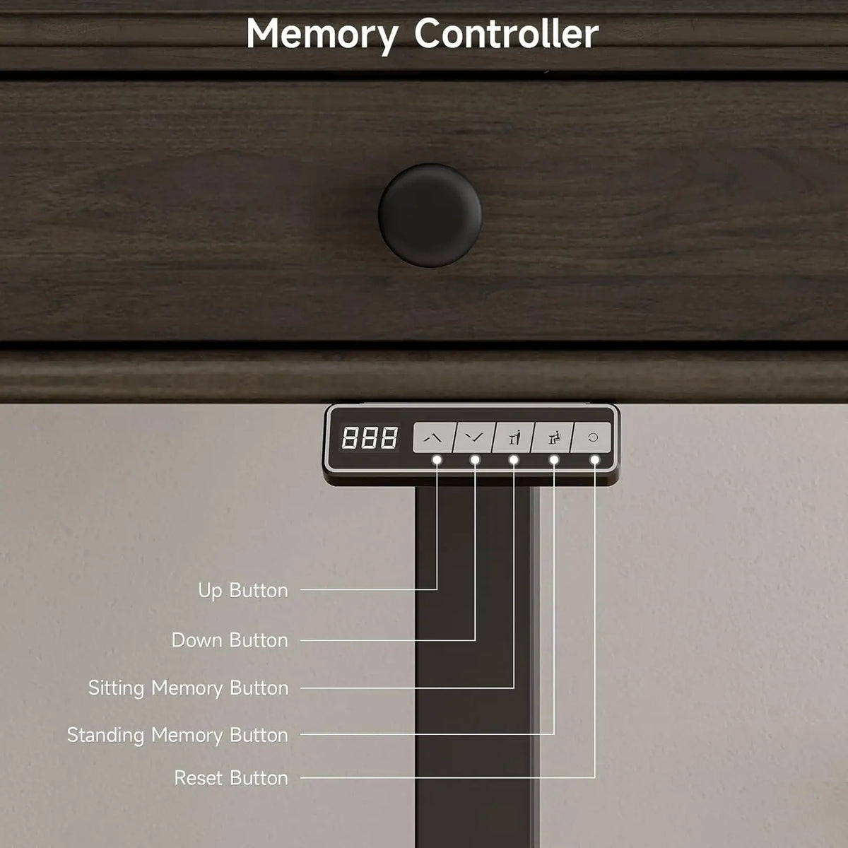 Echobloom memory controller with height arrows, sitting and standing presets, and reset button