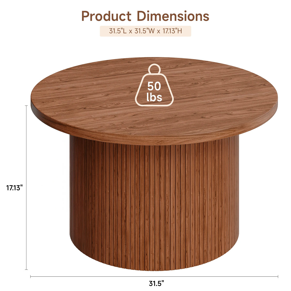 Daydreamarc dimension diagram showing 31.5-inch diameter, 17.13-inch height and 50 lbs tabletop capacity