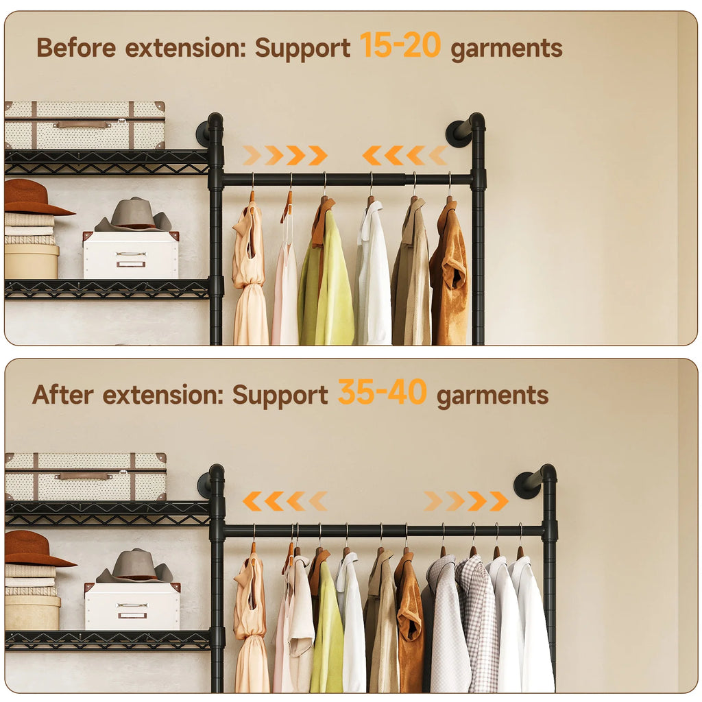 Black Wonderveil hanging rod shown before and after horizontal extension