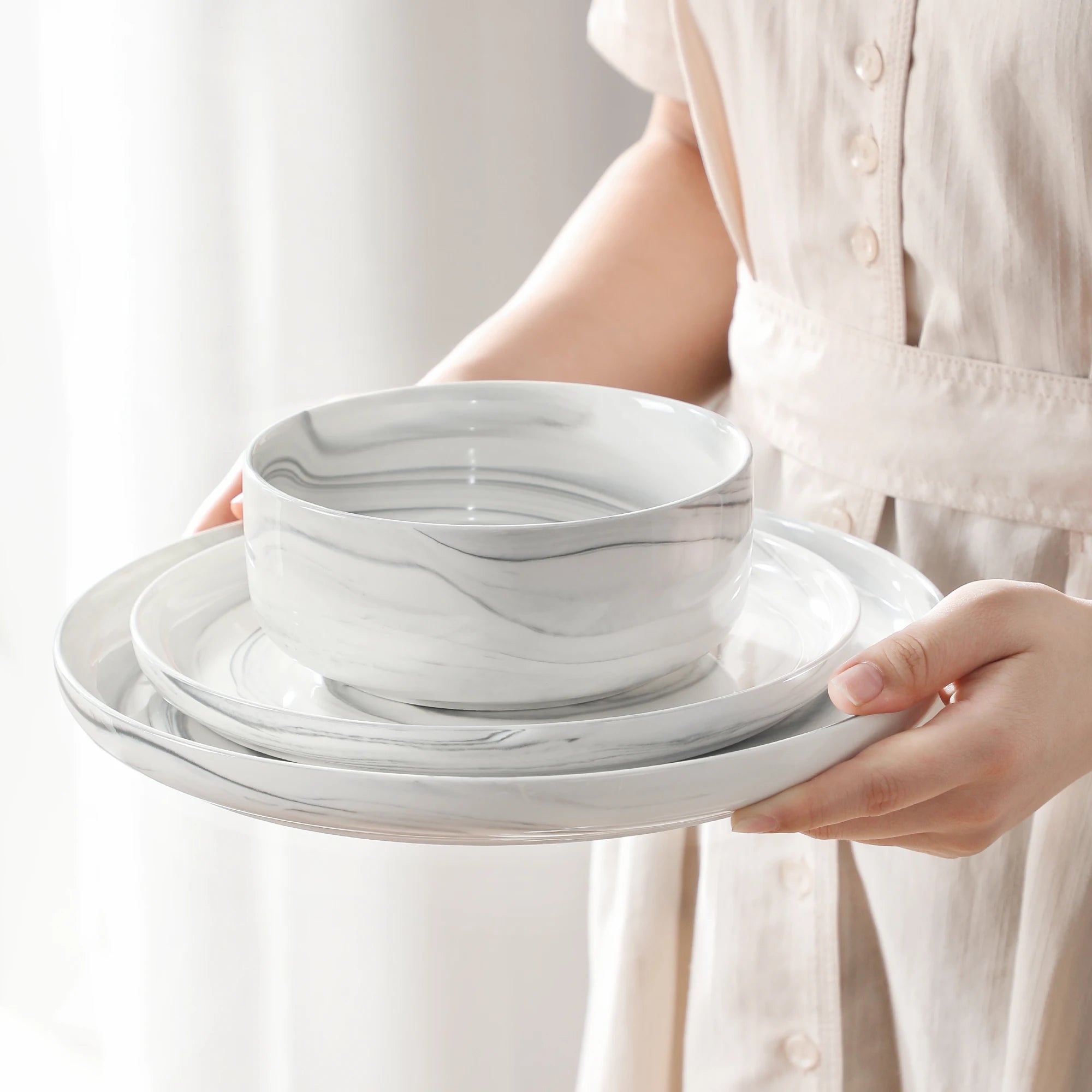 MALACASA LUNA Porcelain Dinnerware Set – 12 Pieces, Marble Design in Grey, Pink, or Blue