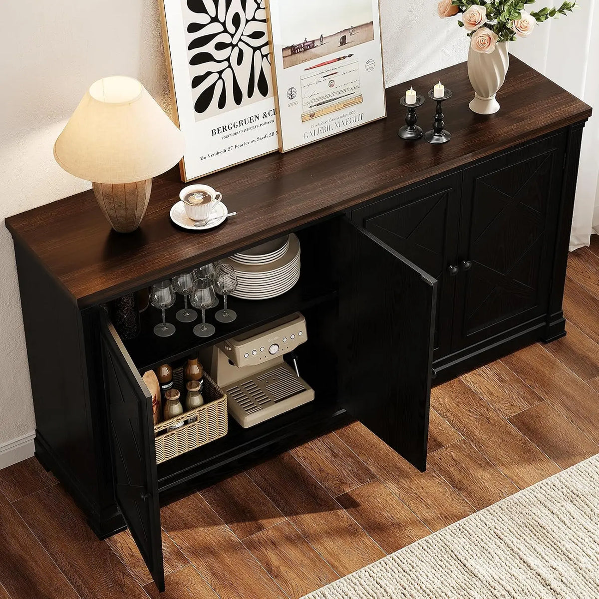 Angled view of Black Sparkrise with cabinet doors open and a dark wood-look top