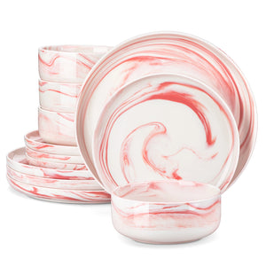 MALACASA LUNA Porcelain Dinnerware Set – 12 Pieces, Marble Design in Grey, Pink, or Blue