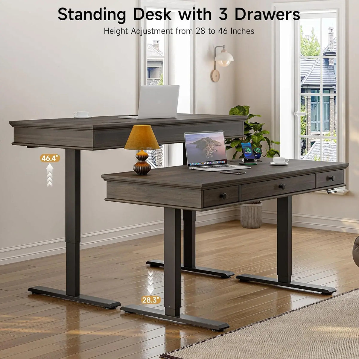 Echobloom desk shown at seated and standing heights with three drawers