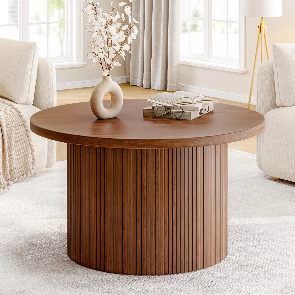 Daydreamarc round walnut-finish coffee table with a vertically fluted drum base