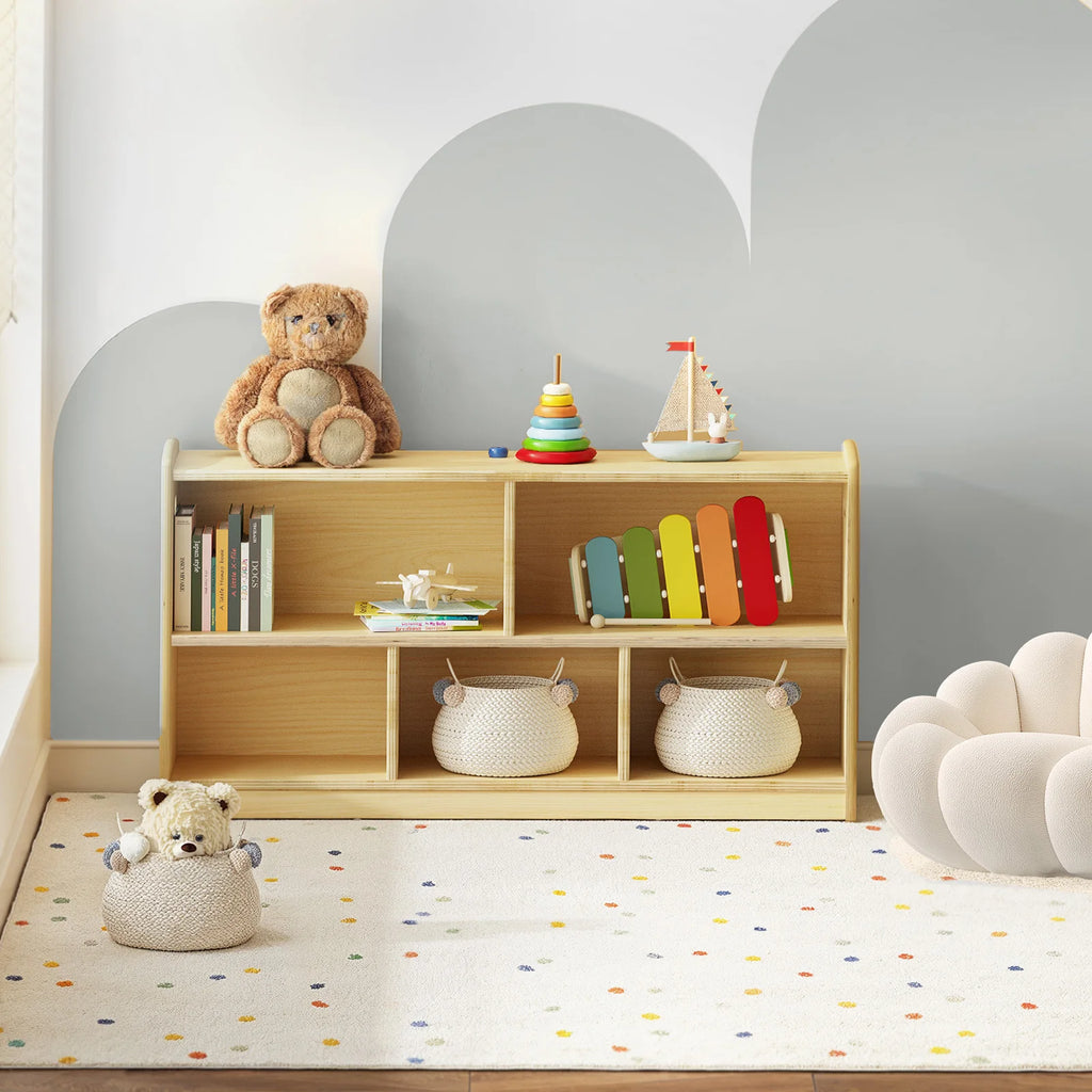 Fablerise low Oak-finish kids bookcase with two upper cubbies and three lower cubbies