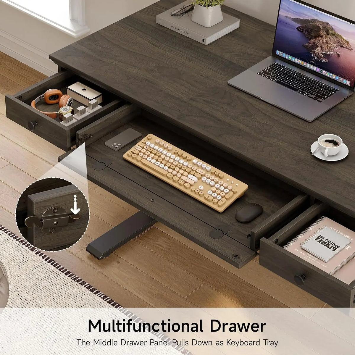 Echobloom desk with two side drawers open and the center drawer front lowered as a keyboard tray