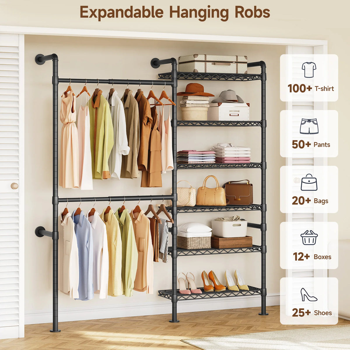 Black Wonderveil closet system displaying hanging clothes, folded items, bags and shoes