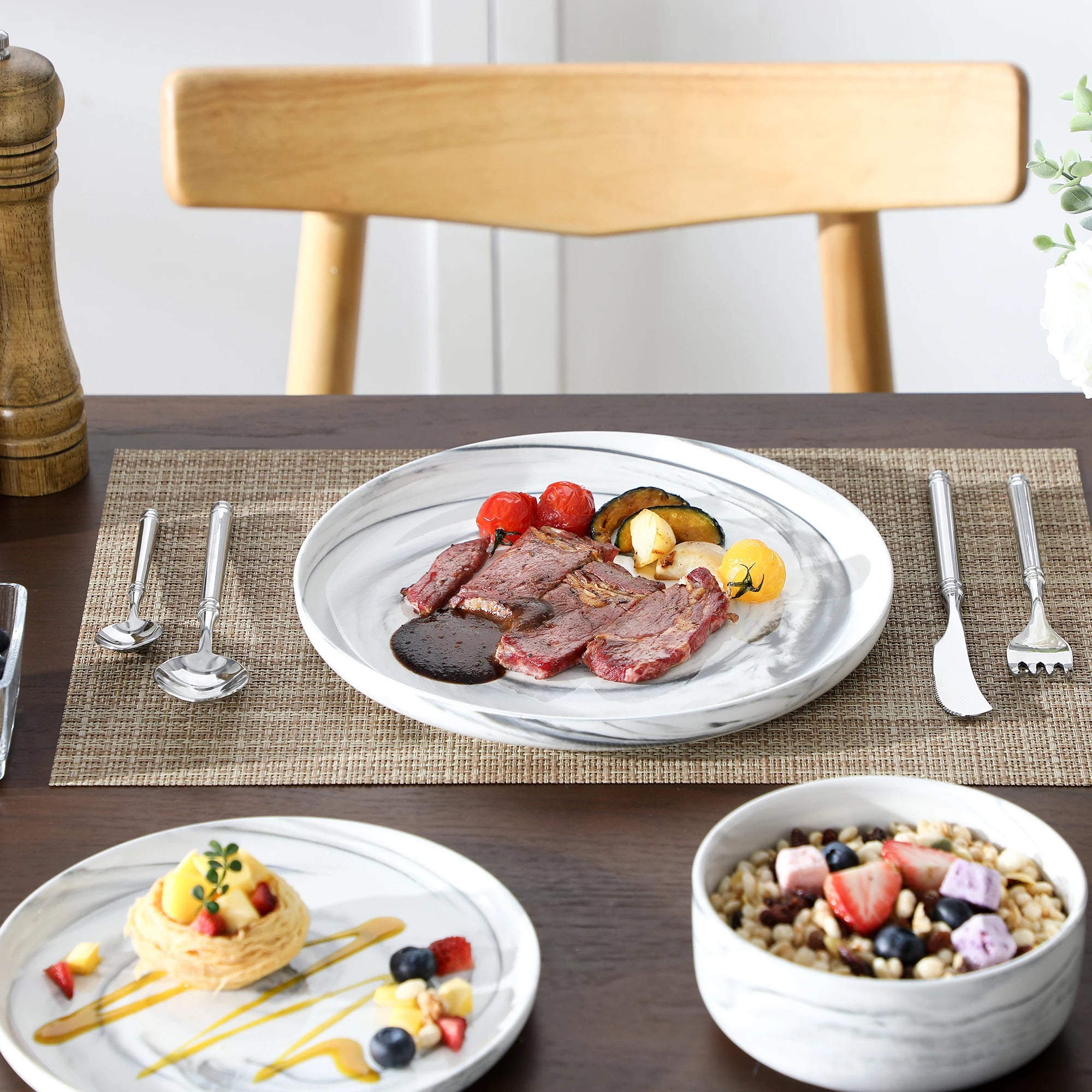 MALACASA LUNA Porcelain Dinnerware Set – 12 Pieces, Marble Design in Grey, Pink, or Blue