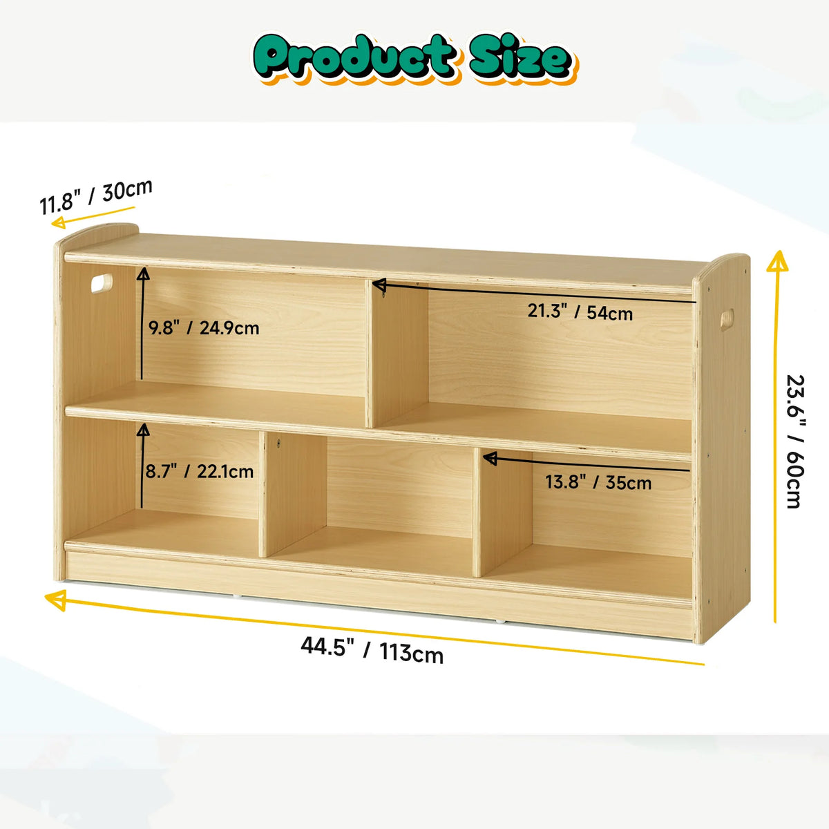 Fablerise size diagram showing 44.5-inch width, 11.8-inch depth, 23.6-inch height and individual cubby openings
