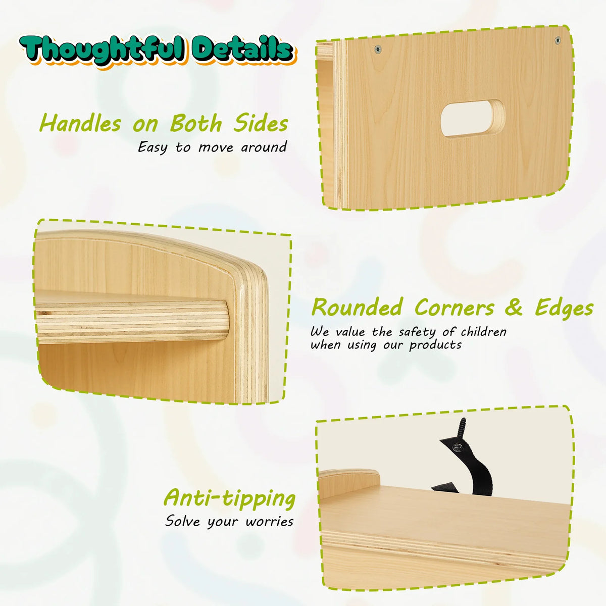 Fablerise details showing side handles, rounded corners and anti-tip hardware