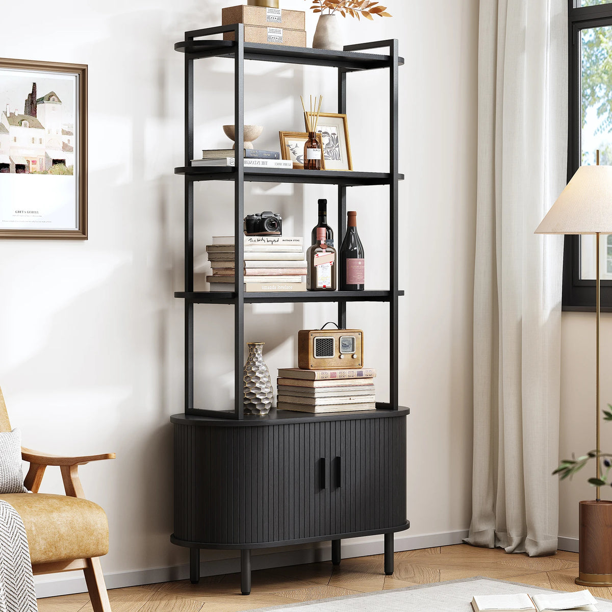 Black color variant of Fableecho with four open display levels and a fluted lower cabinet