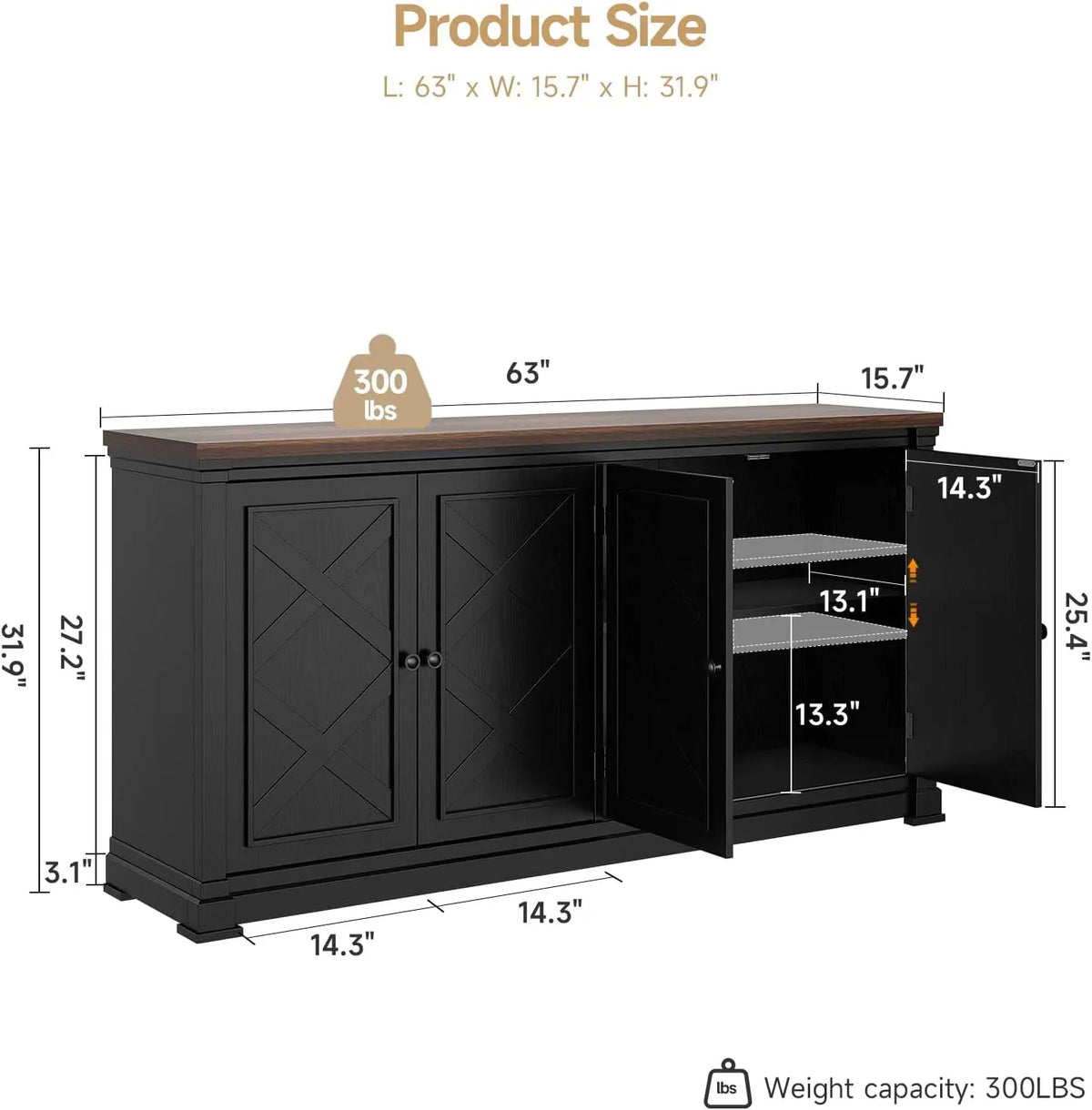 Black Sparkrise size diagram showing 63-inch width, 15.7-inch depth and 31.9-inch height