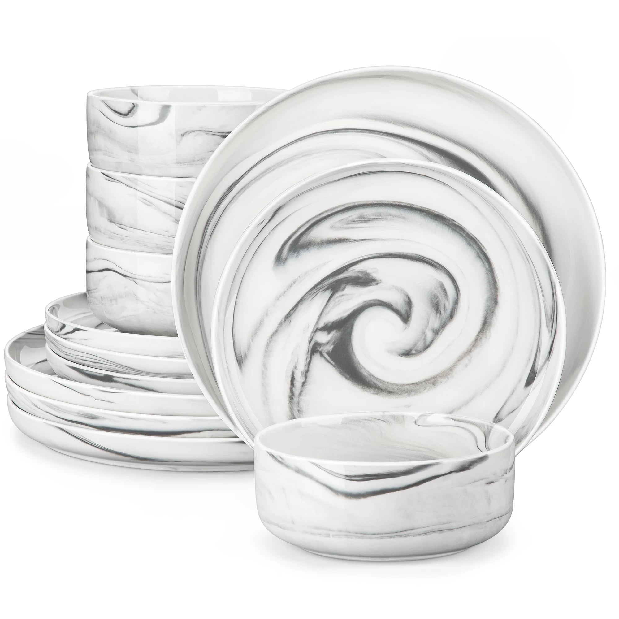 MALACASA LUNA Porcelain Dinnerware Set – 12 Pieces, Marble Design in Grey, Pink, or Blue