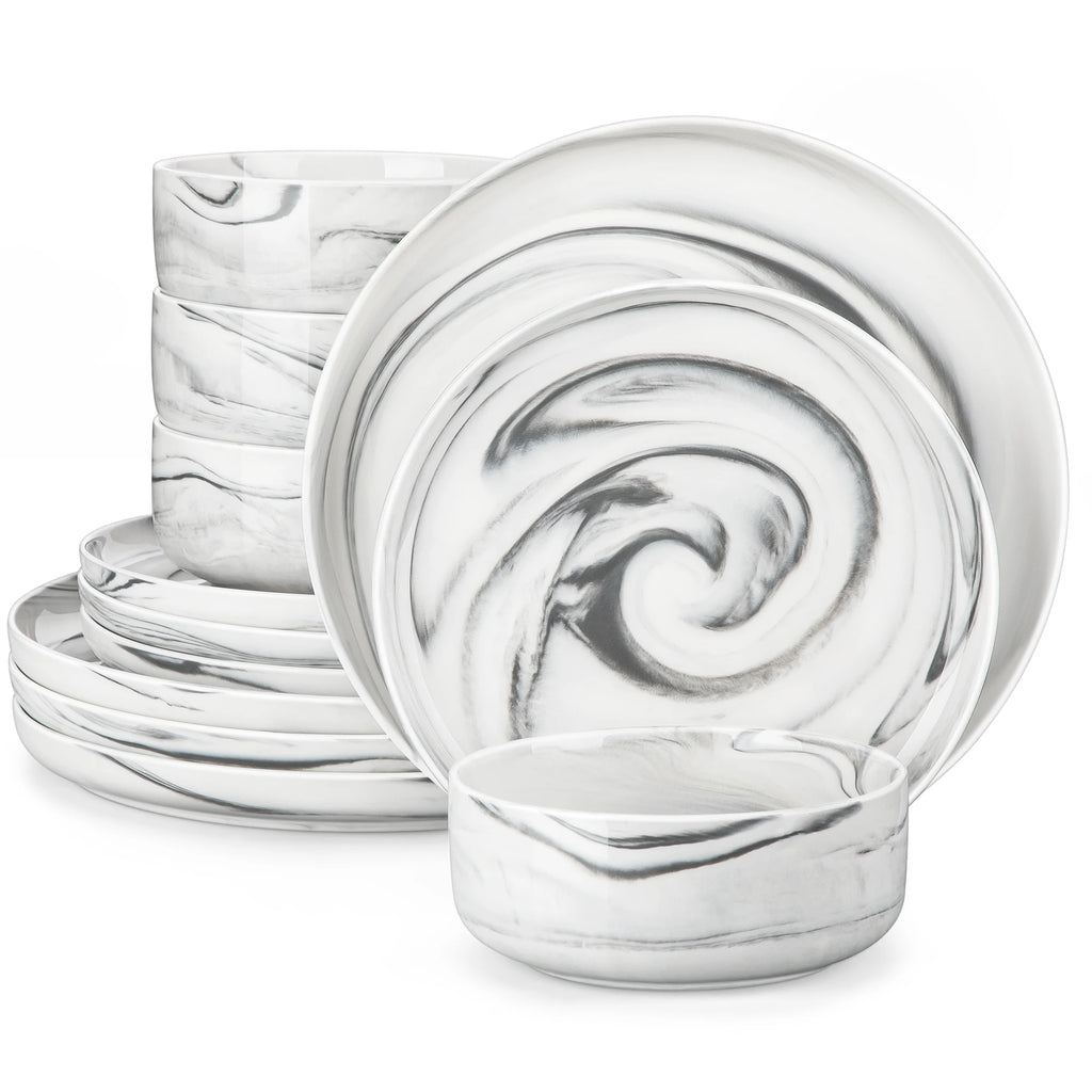 MALACASA LUNA Porcelain Dinnerware Set – 12 Pieces, Marble Design in Grey, Pink, or Blue