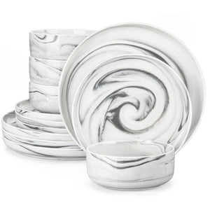 MALACASA LUNA Porcelain Dinnerware Set – 12 Pieces, Marble Design in Grey, Pink, or Blue