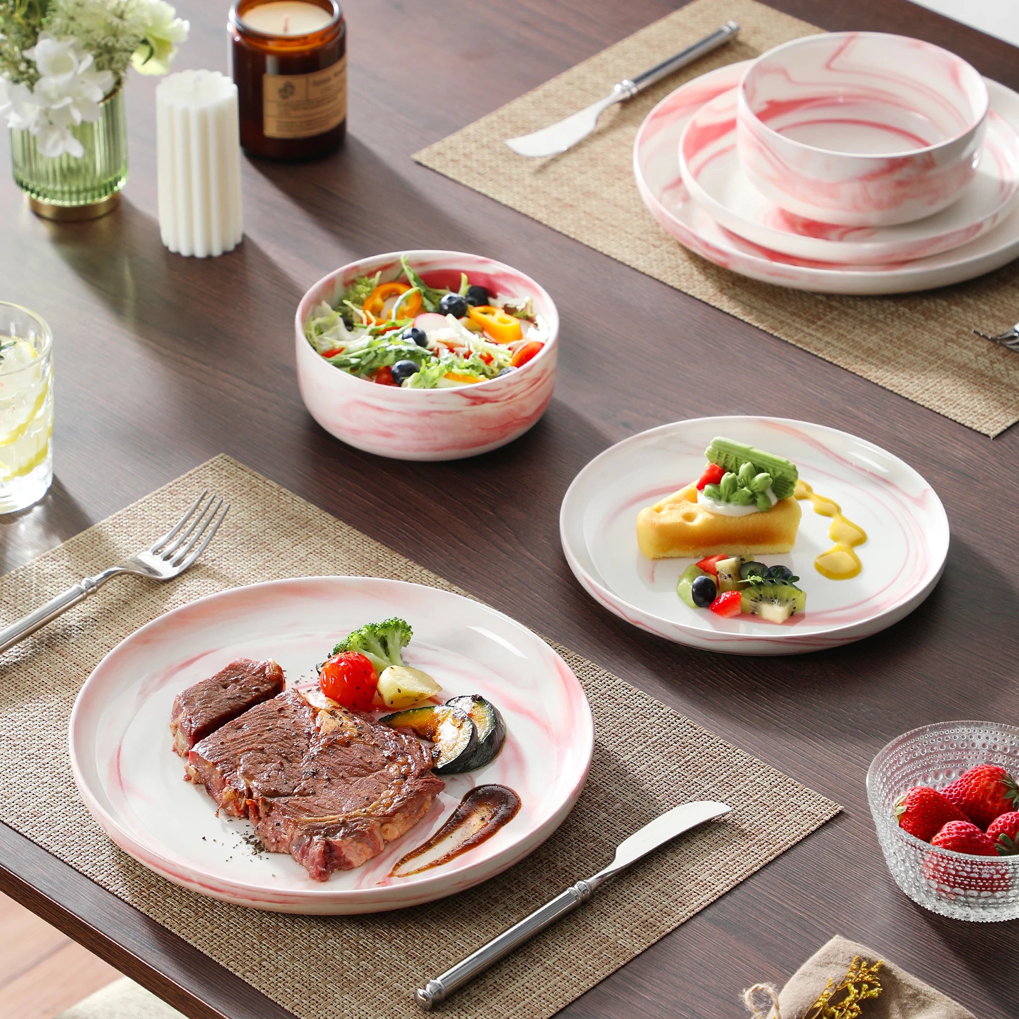 MALACASA LUNA Porcelain Dinnerware Set – 12 Pieces, Marble Design in Grey, Pink, or Blue