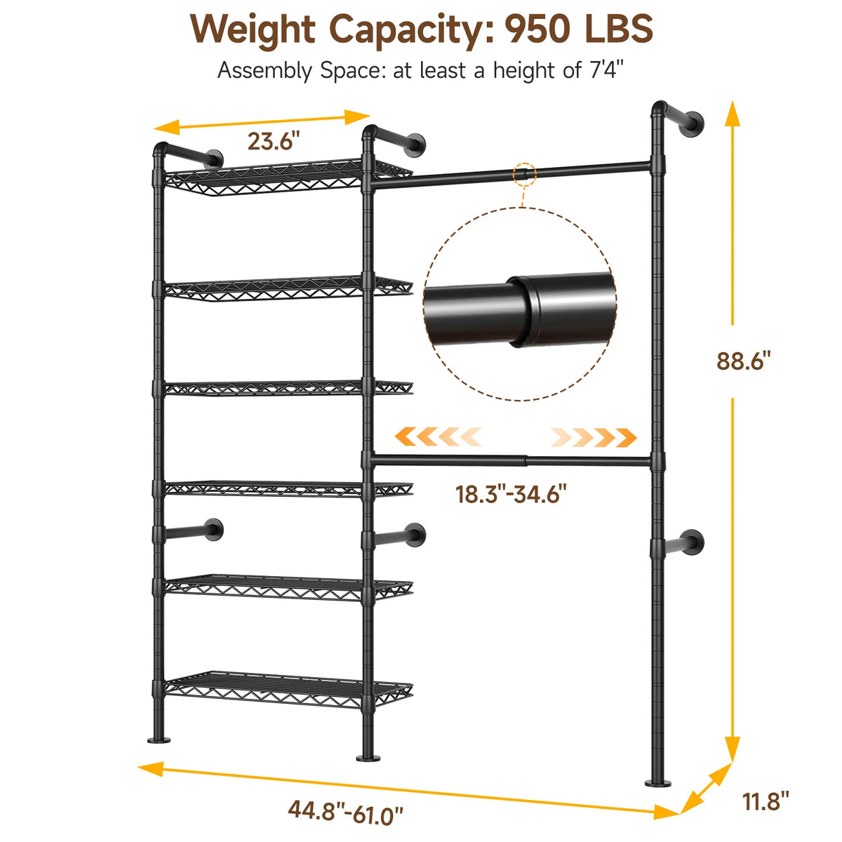 Dimension diagram of the Black Wonderveil closet system with expandable hanging rods
