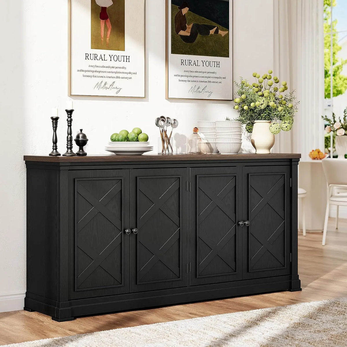 Black Sparkrise sideboard with four cross-detailed doors and a dark wood-look top