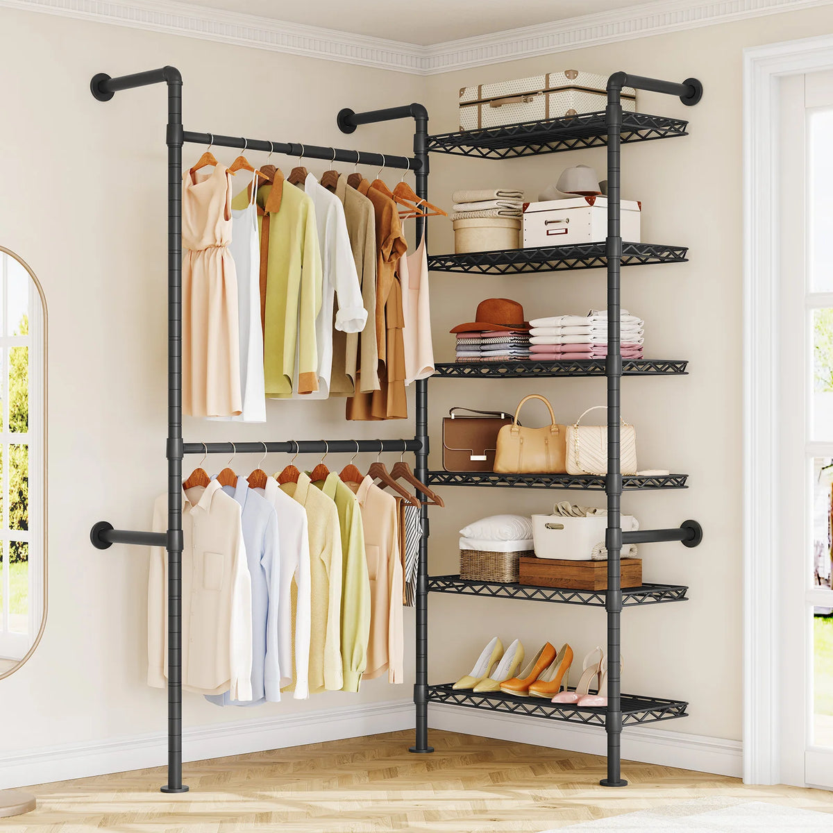 Black Wonderveil closet system arranged around a corner with hanging rods beside six shelves