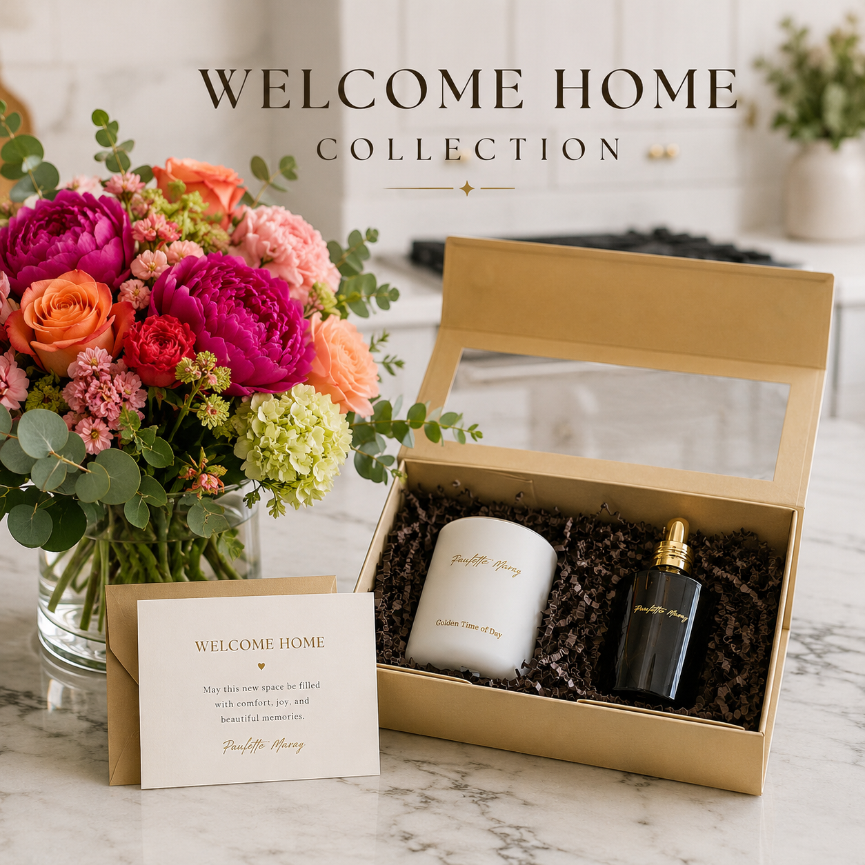 Gift set with candle and bottle in a box, accompanied by a card, on a marble surface with 'Welcome Home Collection' text.