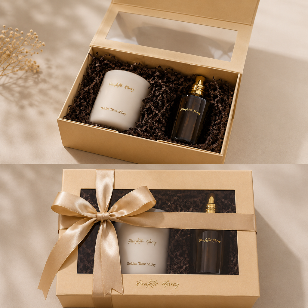Fragrance set with candle and bottle in a decorative box on a neutral background