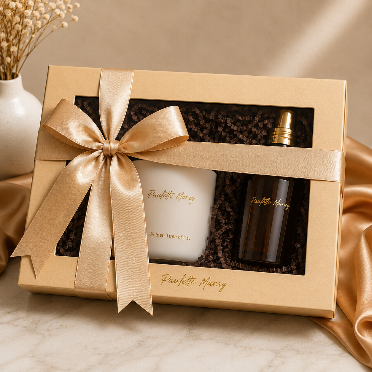 Gift set with a candle and bottle in a decorative box with a gold bow, featuring the brand 'Faustine Marry'.
