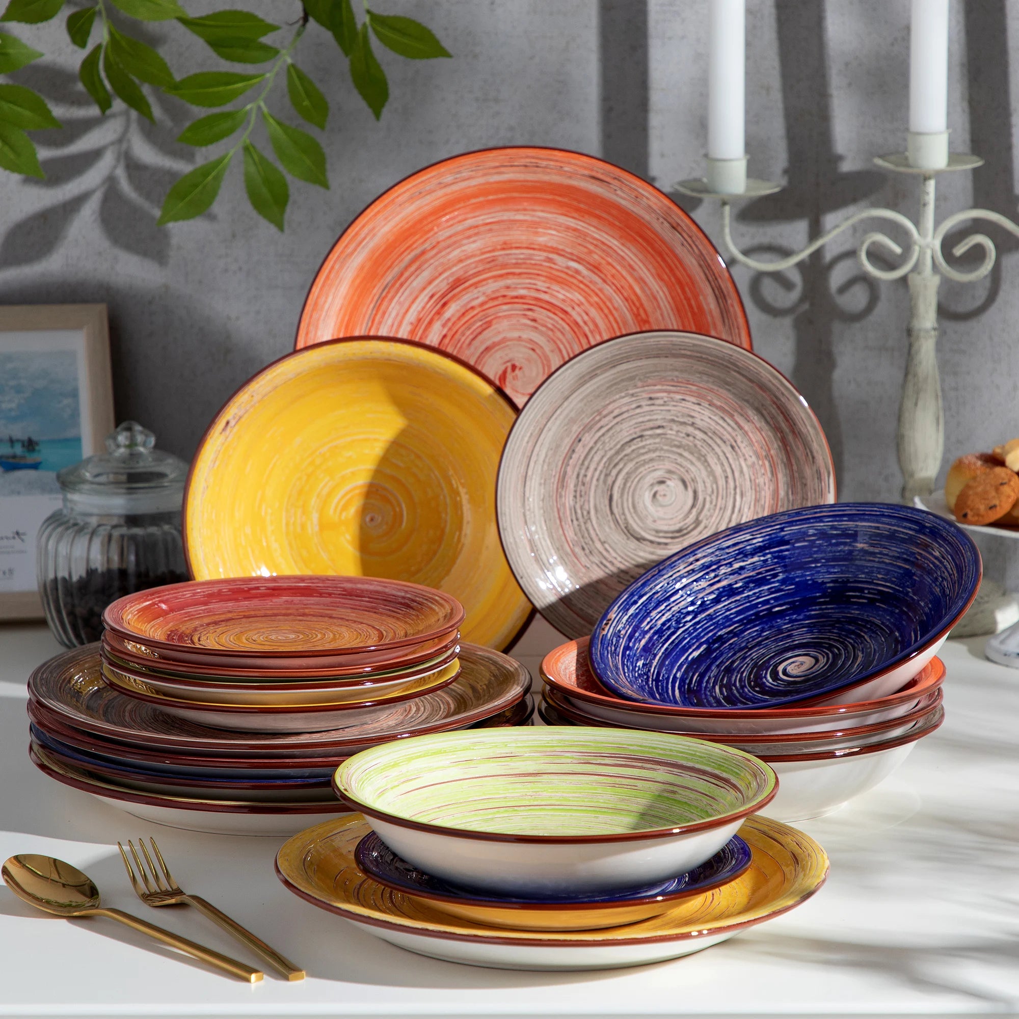 VANCASSO Albero Multicolor Stoneware Dinnerware Set – 18/36 Pieces, Gloss Finish