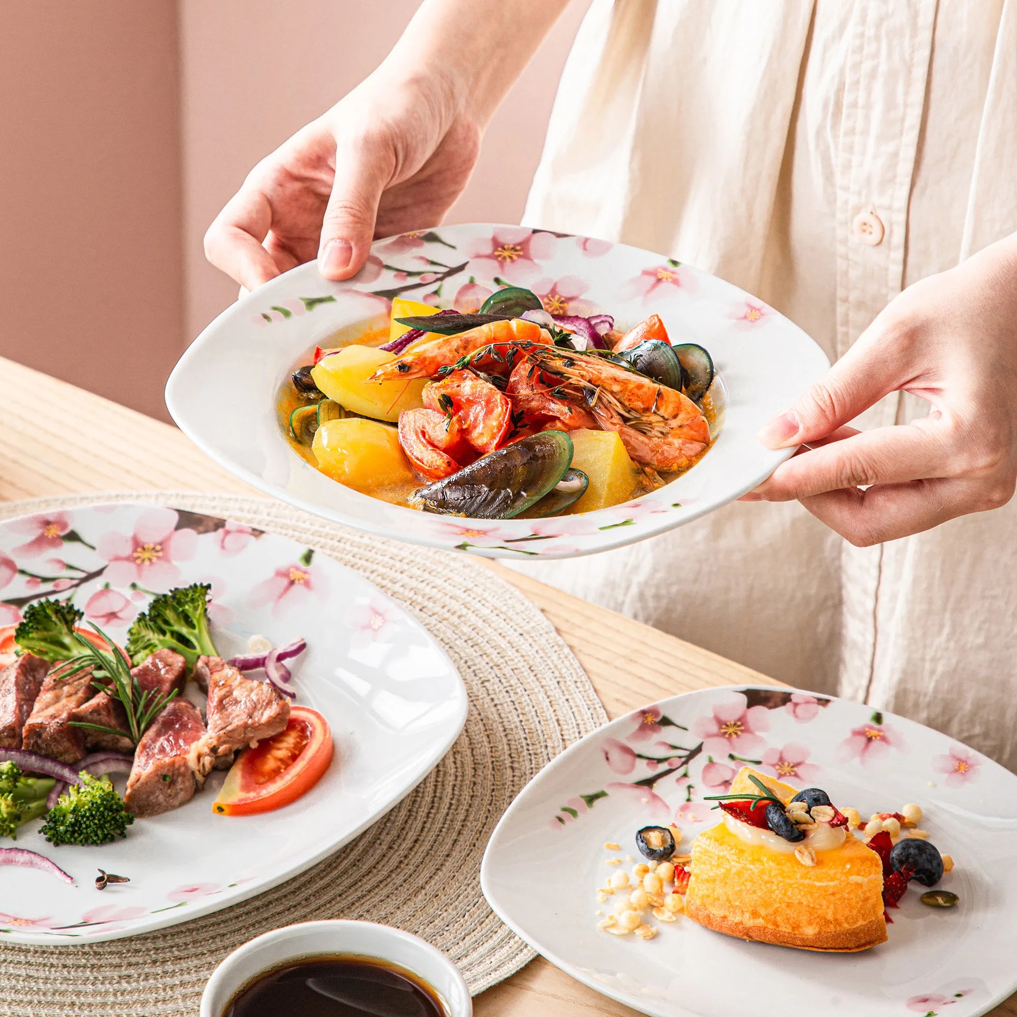VEWEET Annie 30-Piece Porcelain Dinnerware Set – Pink Floral, Service for 6