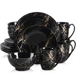 Load image into Gallery viewer, Elegant black dinnerware set with gold splatter design, modern luxury tableware for formal dining and special occasions
