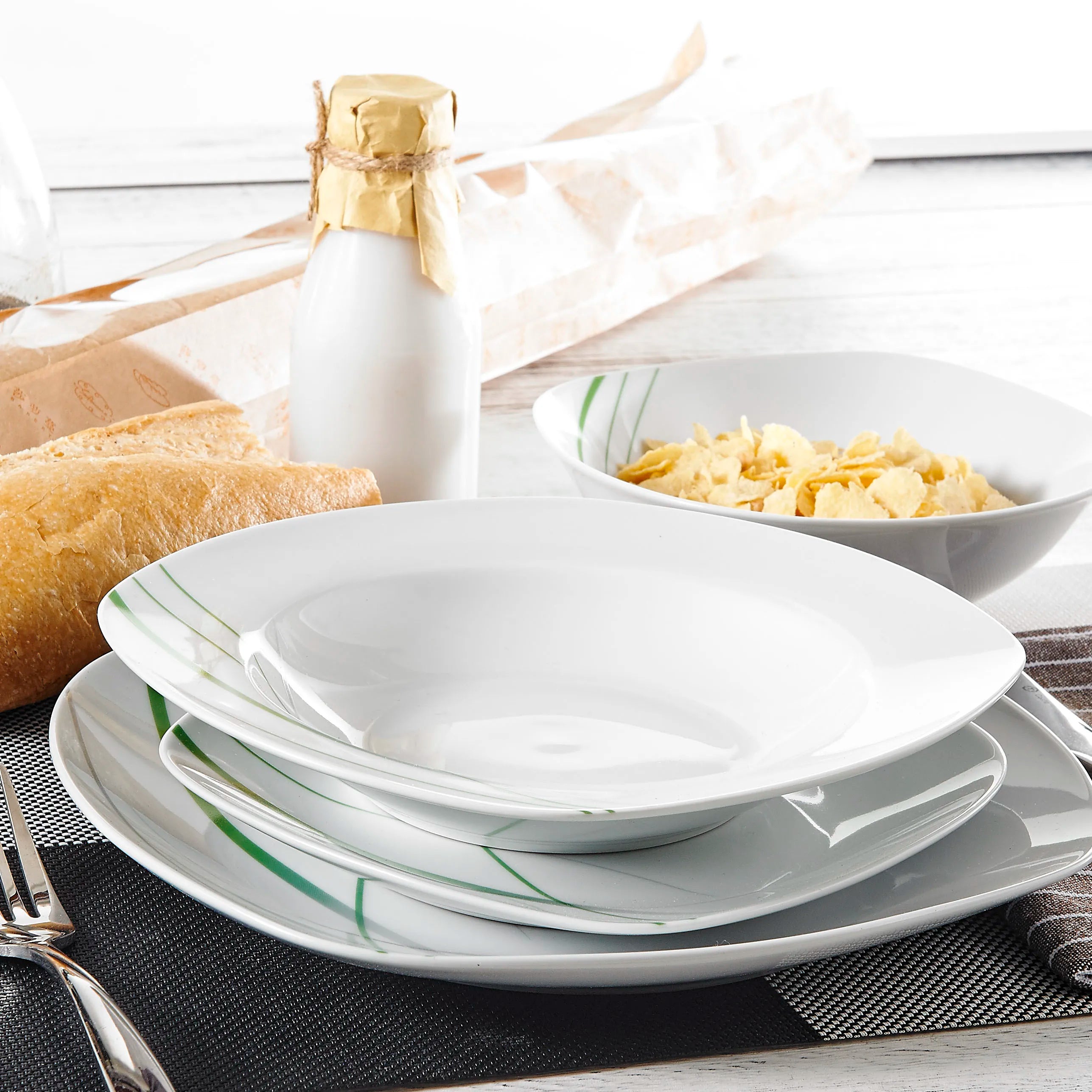 VEWEET Aviva Green Stripe Square Porcelain Dinnerware Set – 24/48 Pieces