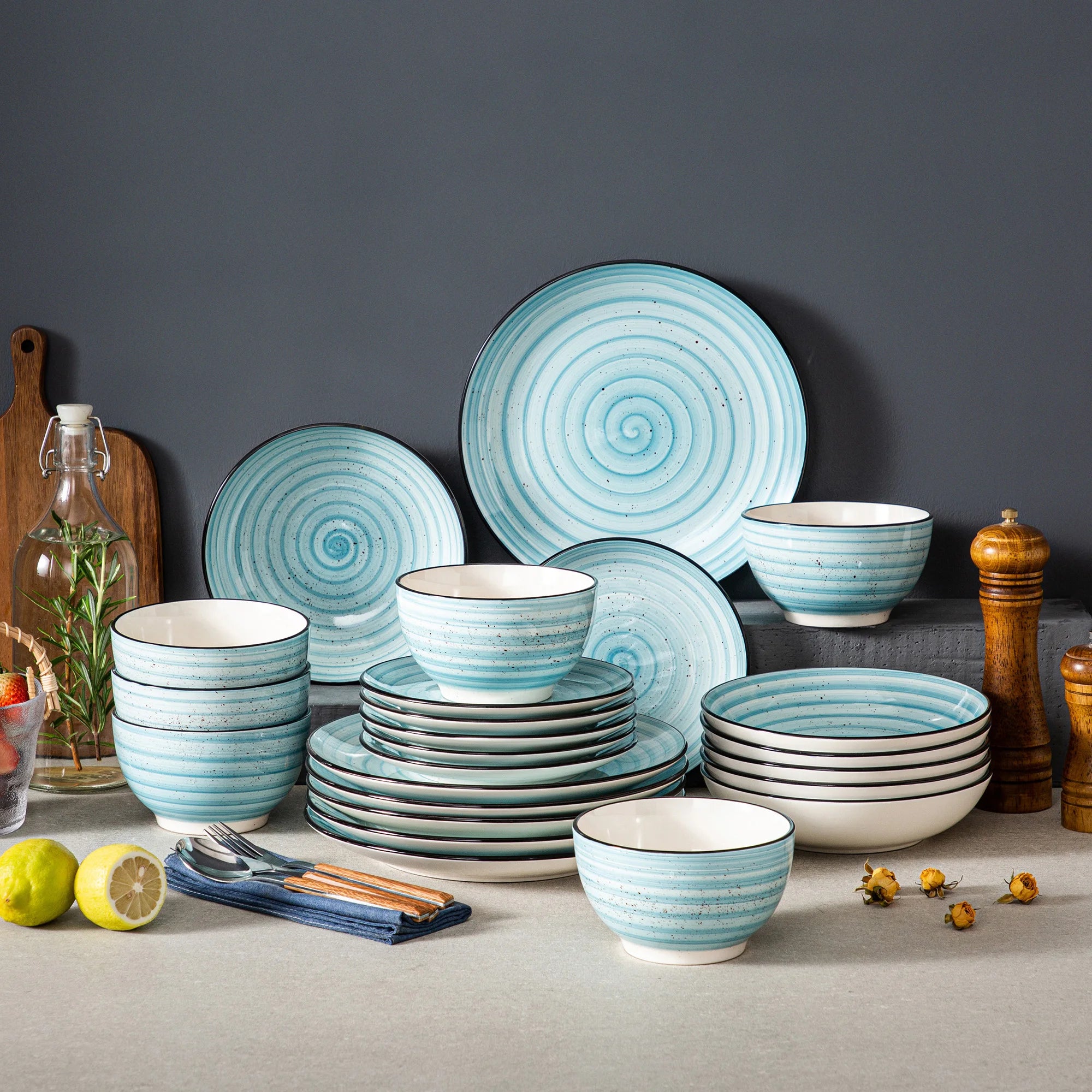 VANCASSO Bonbon Blue Stoneware Dinnerware Set – 24/48 Pieces
