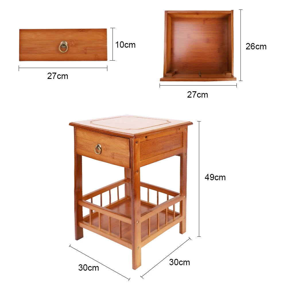 Wooden side table with dimensions labeled on a white background