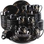 Load image into Gallery viewer, Elegant black dinnerware set with gold splatter design, modern luxury tableware for formal dining and special occasions
