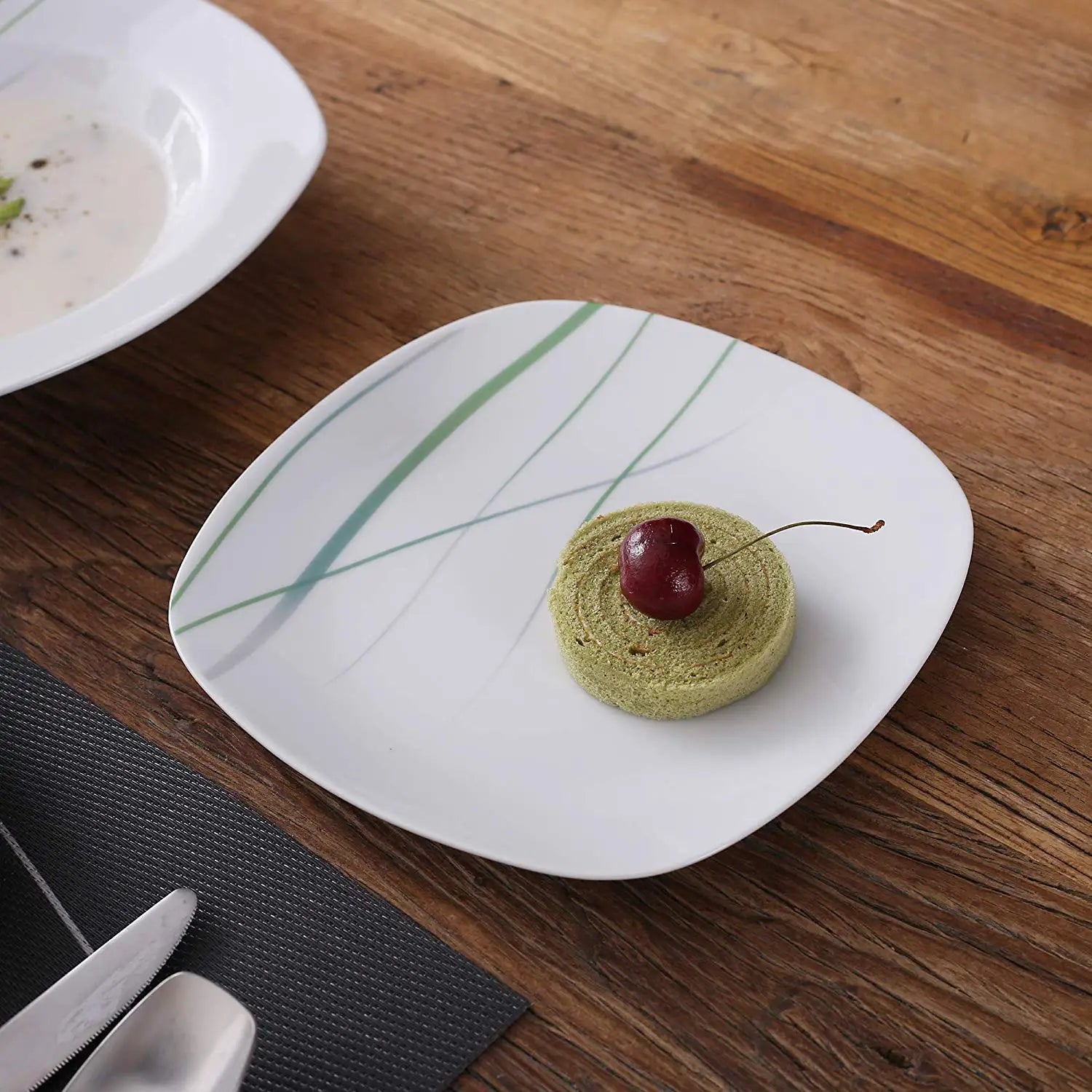 VEWEET Aviva Green Stripe Square Porcelain Dinnerware Set – 24/48 Pieces