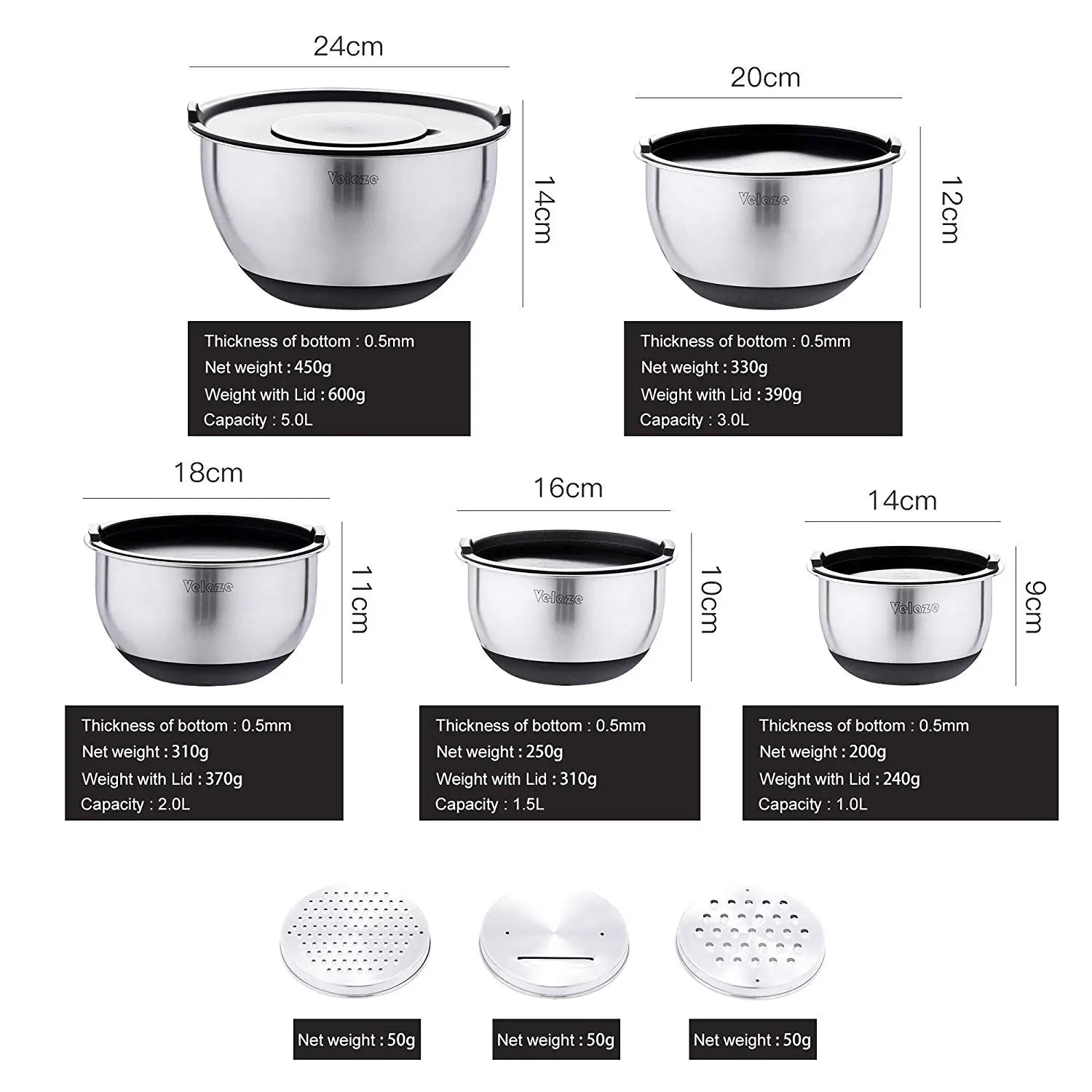 VELAZE Stainless Steel Mixing Bowl Set with Graters and Lids - Non-Slip, Stackable, Versatile Kitchen Bowls