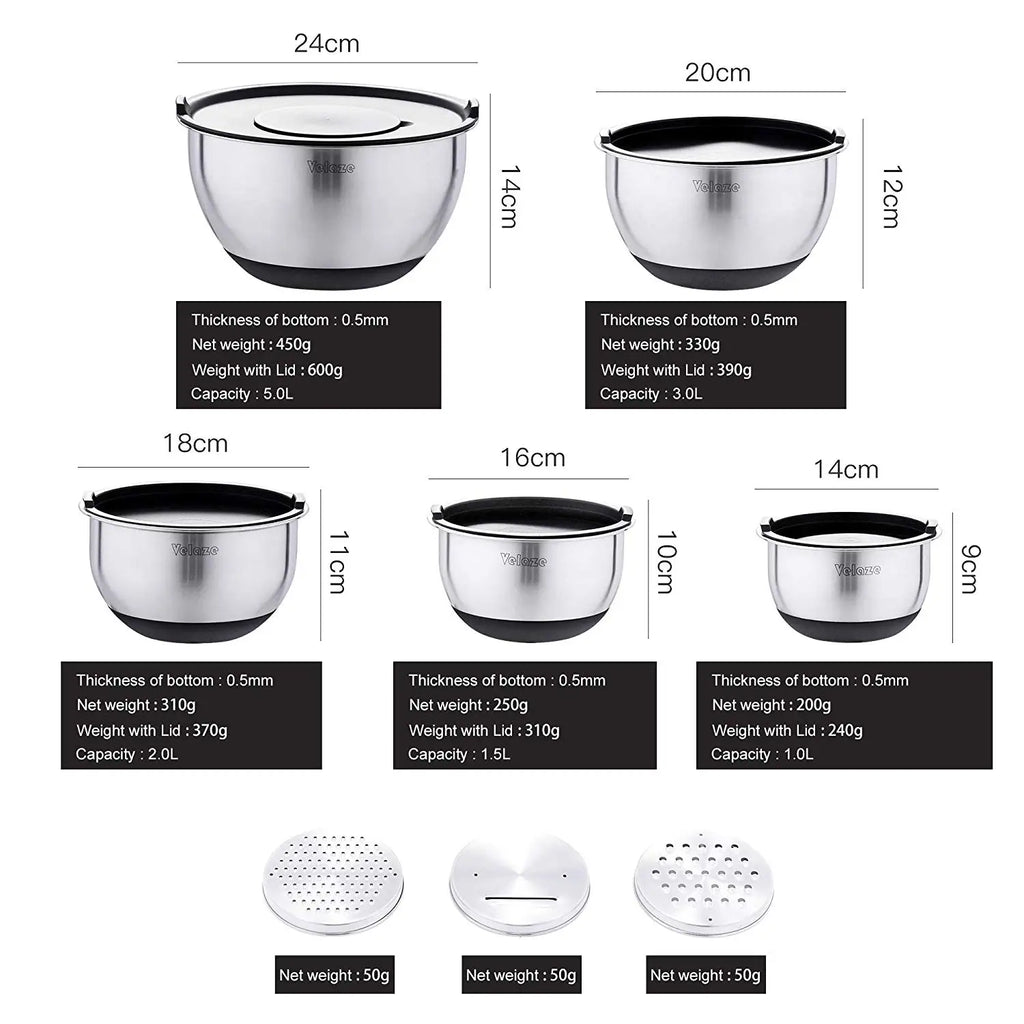 VELAZE Stainless Steel Mixing Bowl Set with Graters and Lids - Non-Slip, Stackable, Versatile Kitchen Bowls