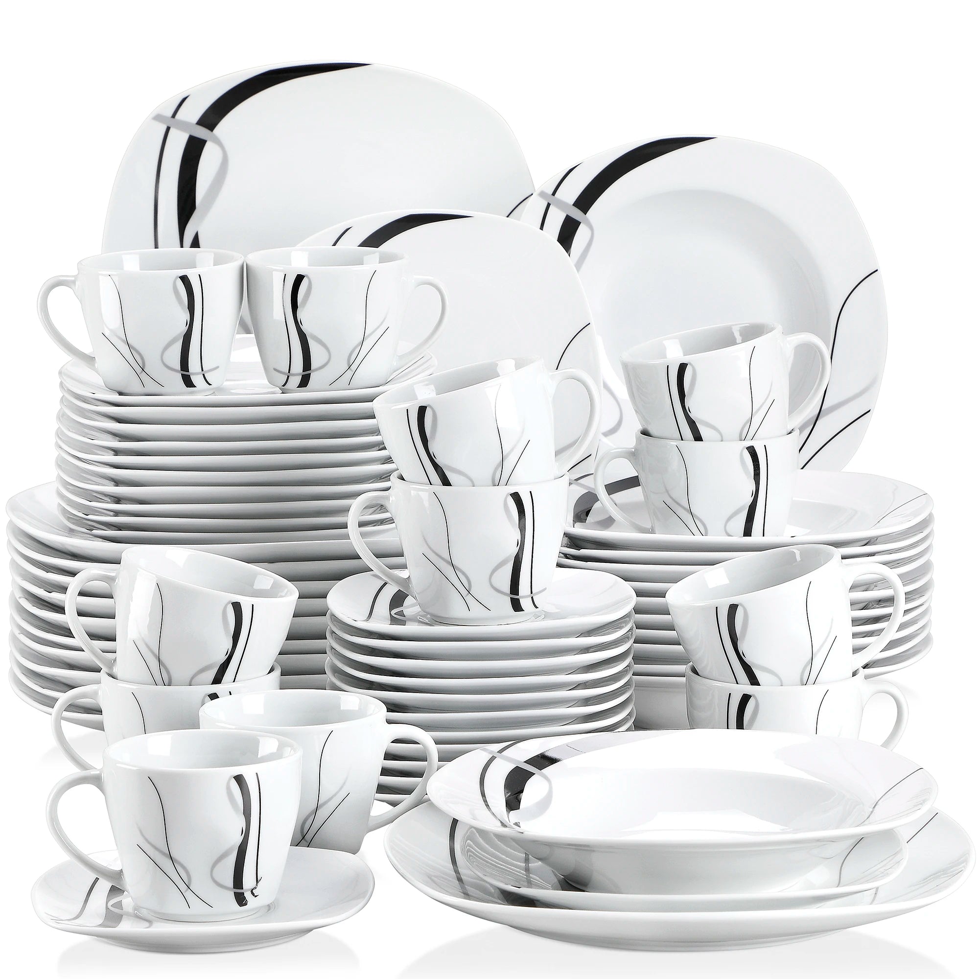 VEWEET Fiona Porcelain Dinnerware Set – 30/60 Pieces, Gray & Black Lines